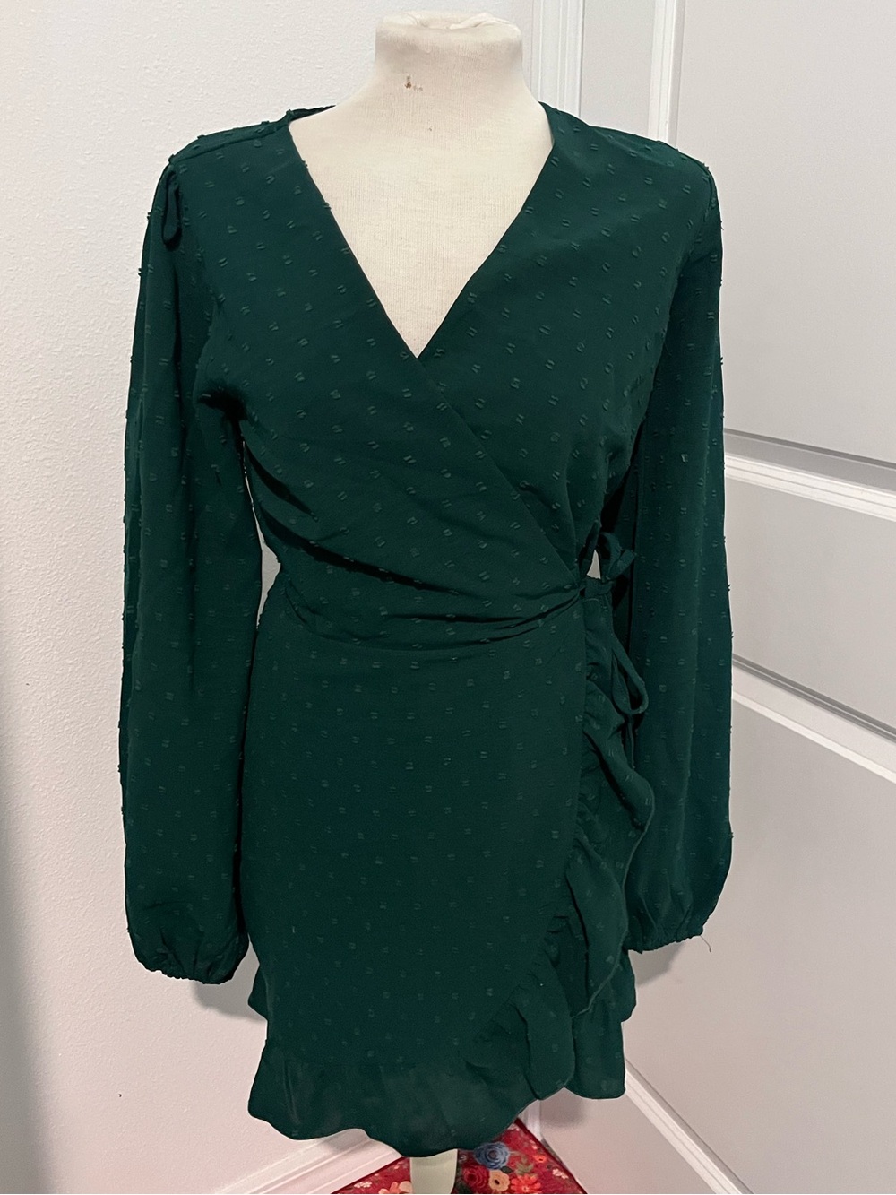 Mi Ami by Francesca’s Emerald Green Long Sleeve Wrap Dress with Ruffle Trim